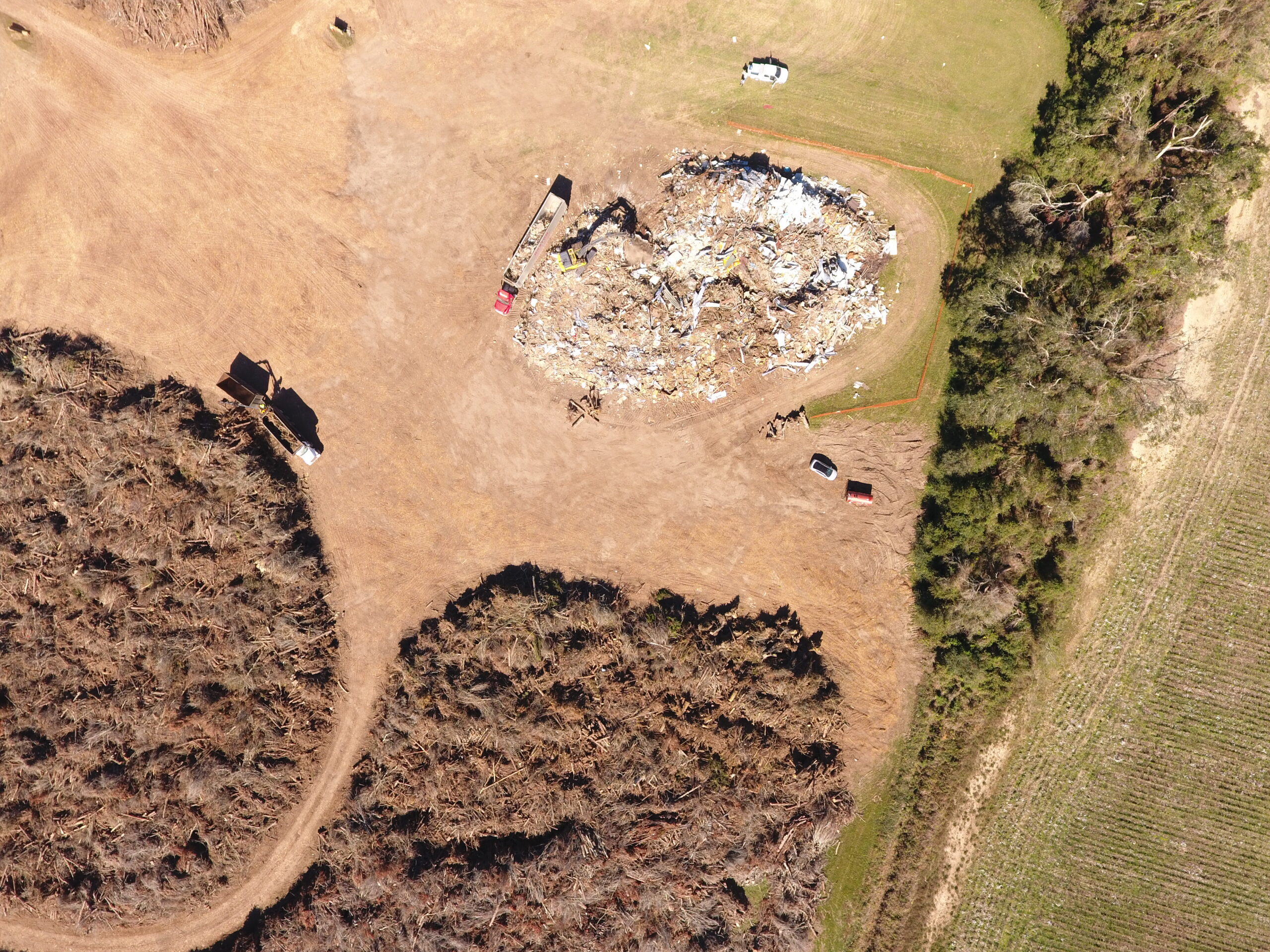drone shot of storm debris from Hurricane Sally at Magnolia landfill