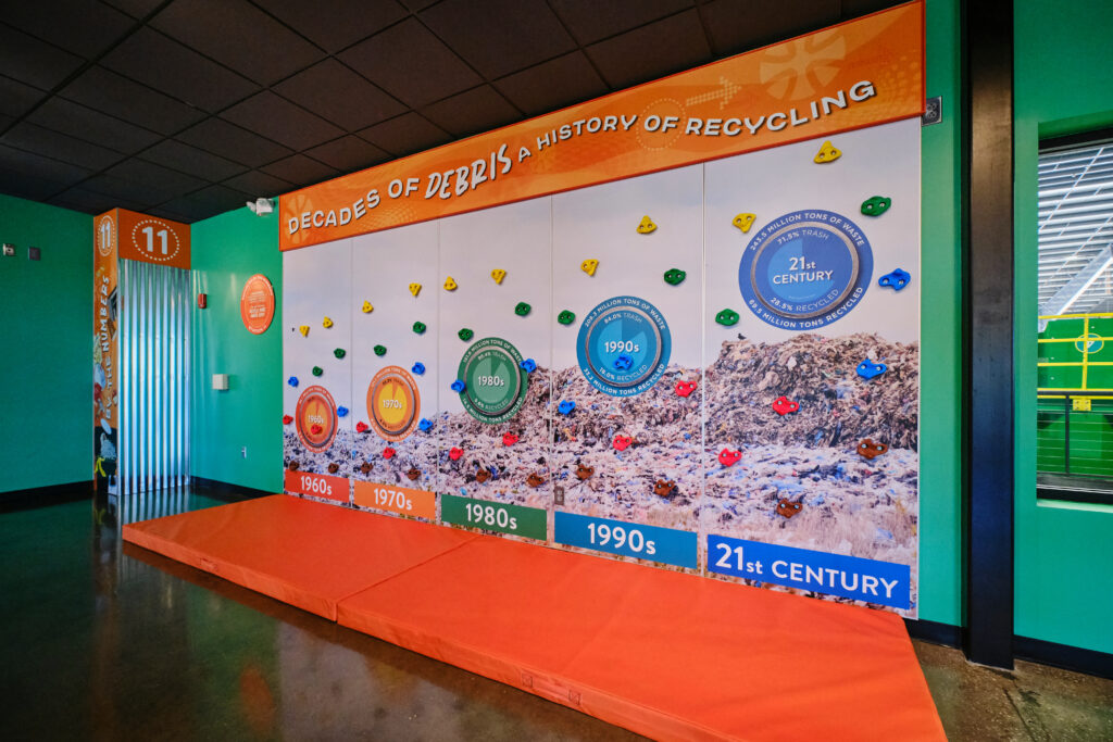 Rock climbing wall inside the Waste & Recycling Adventure Center
